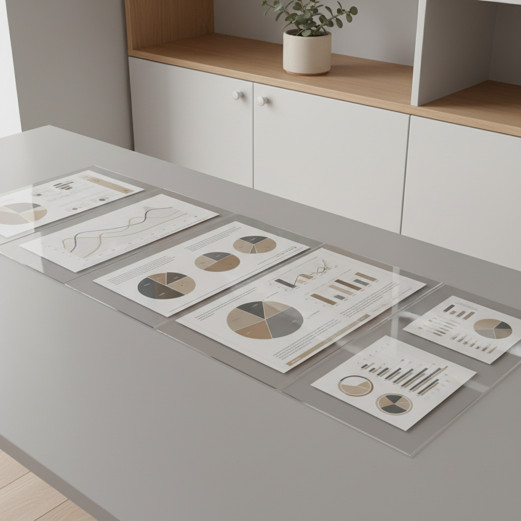 A set of meticulously arranged transparent acrylic folders containing styled neutral-toned data charts and infographics, placed atop a smooth dove-gray workstation. The background reveals a segment of an elegant shelving unit with closed storage, highlighted by a single minimalist planter with muted green leaves. Cool, indirect daylight filters in, creating soft, even illumination and subtle reflections on the acrylic. The composition utilizes a slightly oblique angle, maintaining crisp clarity and a sense of organized structure. The mood is calm, orderly, and efficient—echoing the seriousness and reliability of qualitative market research in a corporate environment. The overall style is photographic realism with a streamlined, modern feel.